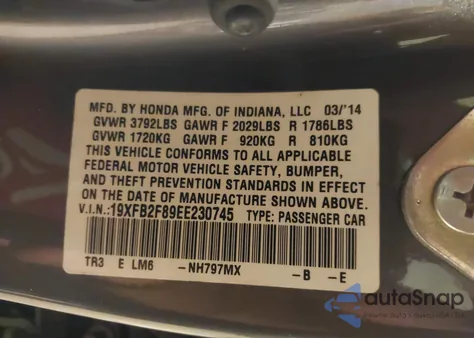 2014 Honda Civic Ex из США, поврежденный, VIN 19XFB2F89EE230745